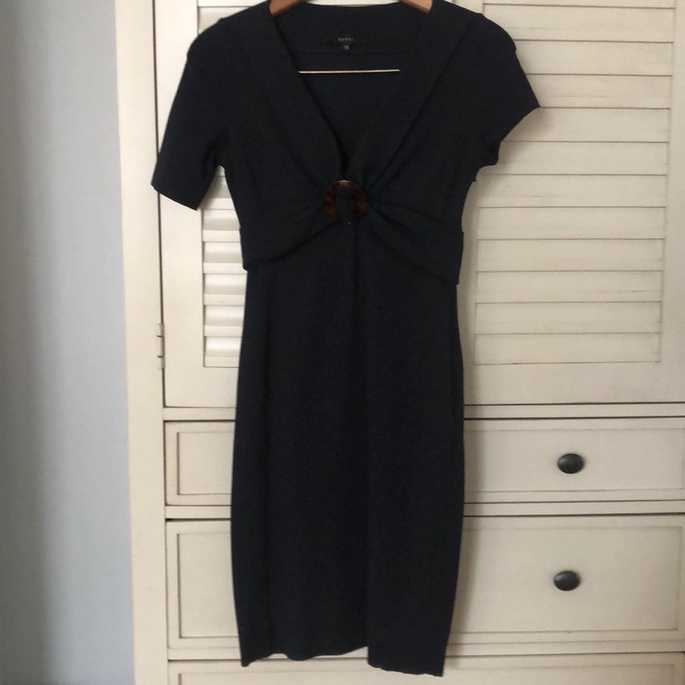 Gucci Navy dress with tortoiseshell accent.